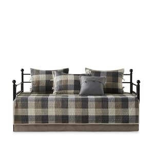 Pioneer 6-Piece Neutral Plaid Reversible Microfiber Daybed Daybed Bedding Set