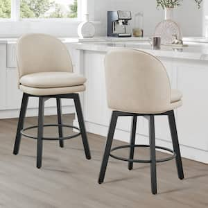 Cyprian 26 in. Beige Low Back Swivel Counter Height Bar Stool with Leather Seat and Wood Frame (Set of 2)