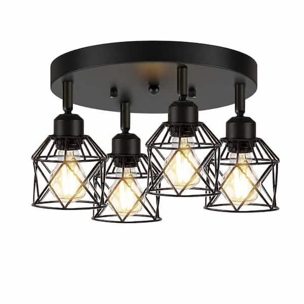 4-Light Matte Black Adjustable Cage Flush Mount Ceiling Light Fixture for Kitchen Dining Room Hallway