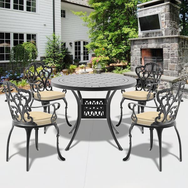 Willit Lily Black 5-Piece Cast Aluminum Outdoor Dining Set with Round Table and Dining Chairs with Random Color Cushion