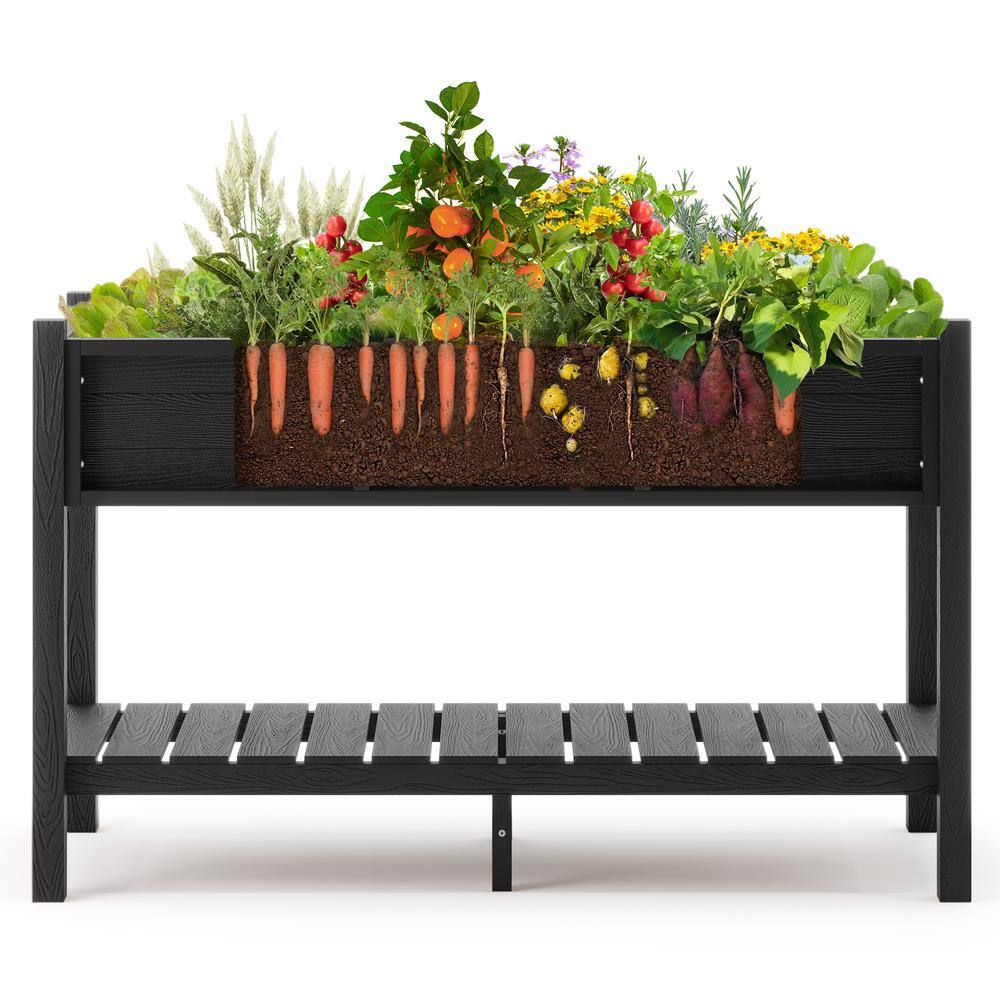 Black Elevated Poly Raised Garden Bed with Storage Shelf