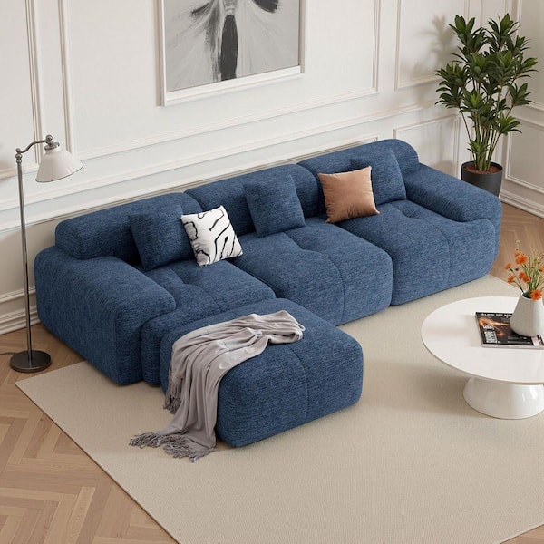 122 in. 4-piece Modern Chenille L-Shaped Modular Sectional Sofa with Ottoman and Two Small Pillows in Blue