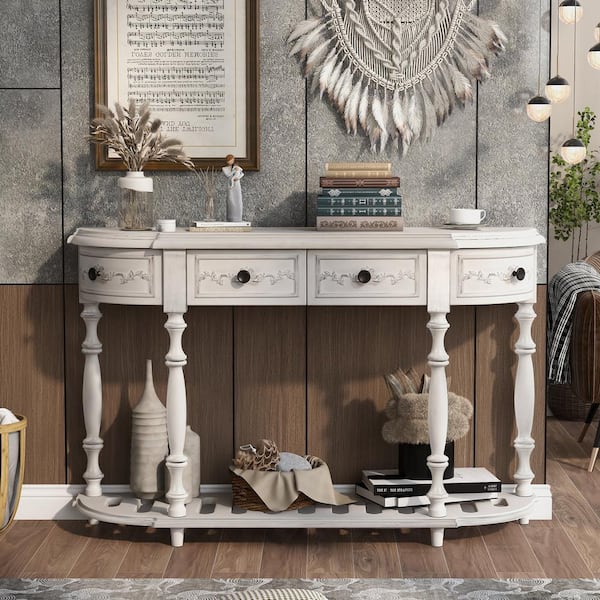 Angel Sar 52 in. Antique White Standard Half-Moon Wood Console