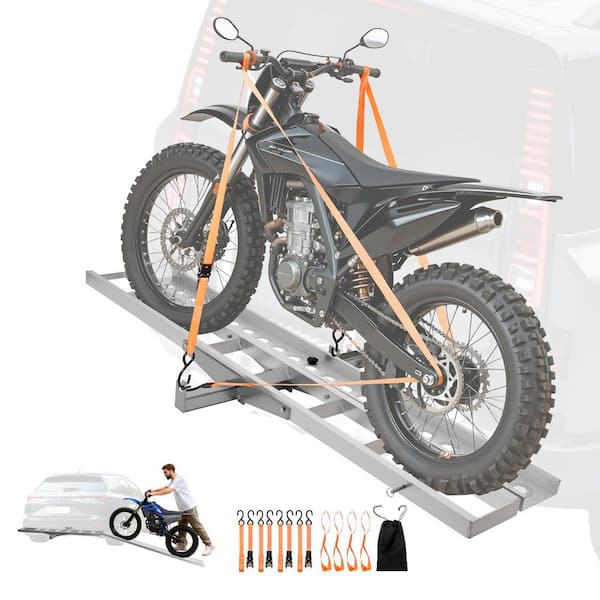 Motorcycle Carrier, 400 lbs. Capacity, Heavy Duty Aluminum Hitch Mount Rack with 73in. Loading Ramp, Straps & Stabilizer