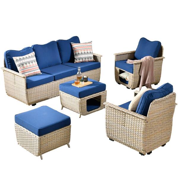 HOOOWOOO Sierra Beige 5-Piece Wicker Outdoor Patio Conversation Sofa Seating Set with Pet House/Bed and Light Green Cushions