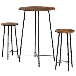 3-Piece Dinning Table Set, Brown 23.6 in.L Round Bar Table Set with 2 Stools, Tall Coffee Table Set