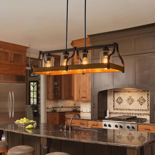 Axiora 31.5 in. 4-Light Black and Brown Farmhouse Linear Pendant Light with Clear Glass Shades for Kitchen Island