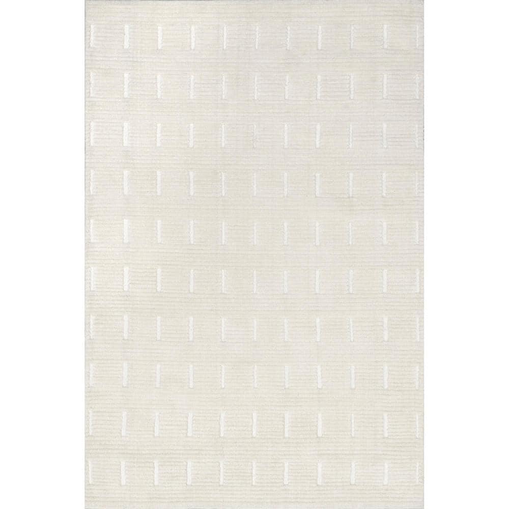 Ivory Striped Wool and Synthetic Rectangular Area Rug, 5x8