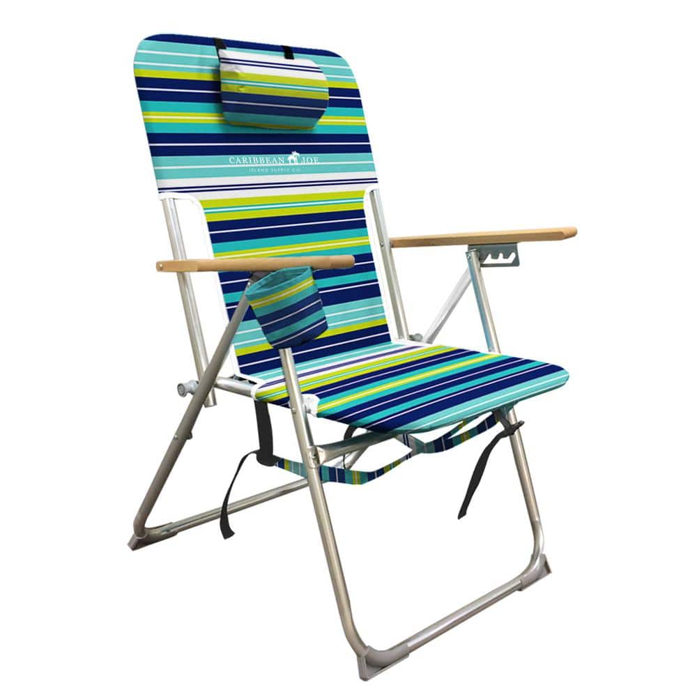 CARIBBEAN JOE 4-Position Reclining Beach Chair, Multi-Stripe, Pillow,  Backpack Straps, Wood Armrests, Steel Frame 300 lbs. Capacity CJ-7779LMST -  The Home Depot