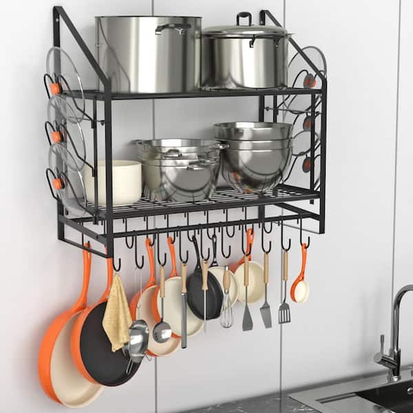 28 in. W Detachable Wall Mounted Shelf 2 Tier Pot Rack with 20 Hooks and 6 Lid Holders, for Utensils Storage, in Black