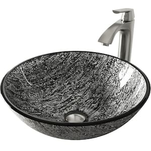 Glass Round Vessel Bathroom Sink in Titanium Gray with Linus Faucet and Pop-Up Drain in Brushed Nickel