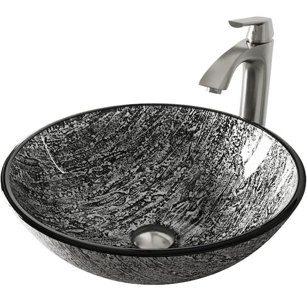 VIGO Glass Round Vessel Bathroom Sink in Titanium Gray with Linus Faucet and Pop-Up Drain in Brushed Nickel