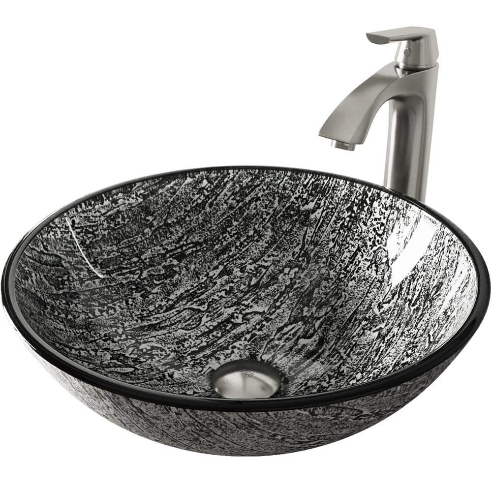 Slate Grey Round Glass Vessel Sink with Brushed Nickel Faucet