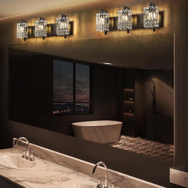 Thery 25.5 in. 3-Light Black Modern Glam Rectangular Crystal Bathroom Vanity Lights for Mirror w/Crystal Shade