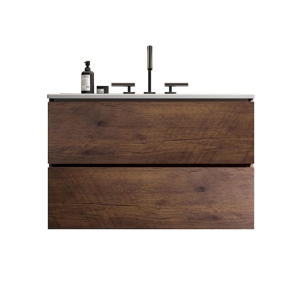 30 in. Single Sink Floating Walnut Bath Vanity with White Ceramic Top (Assembled), DTC Soft-closing Drawers