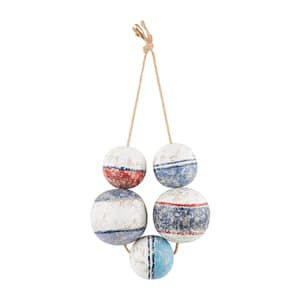 Wood Blue Handmade Distressed 5-Strung Buoy Wall Art with Red and White Accents and Hanging Rope