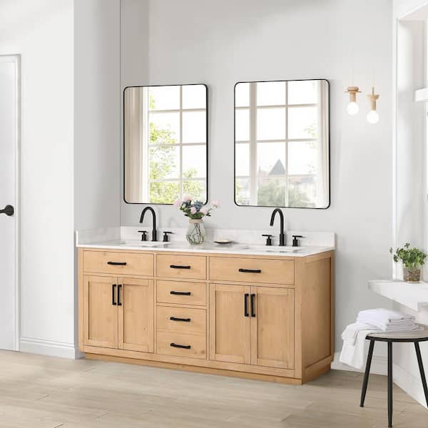 Gavino 72 in. W x 22 in. D x 34 in. H Double Sink Bath Vanity in Light Brown with White Composite Stone Top and Mirror