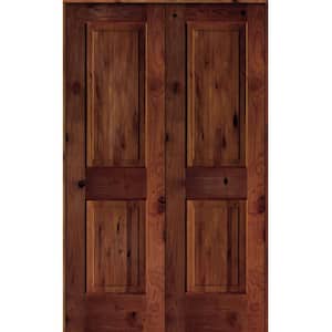 48 in. x 80 in. Rustic Knotty Alder 2-Panel Universal/Reversible Red Chestnut Stain Wood Double Prehung Interior Door