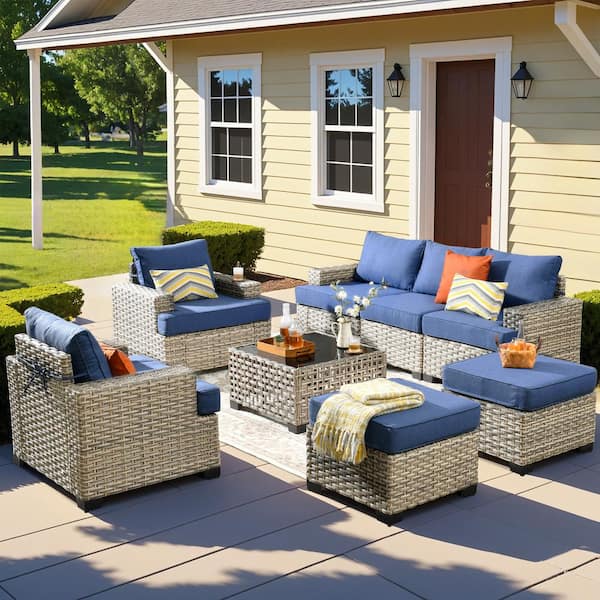 HOOOWOOO Merritt 8-Piece Wicker Outdoor Furniture Patio Conversation Sofa Seating Set with a LED Table and Sky Blue Cushions