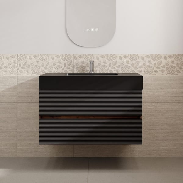 Aaby 36 in. W x 18 in. D Wall Mounted Floating Bath Vanity Cabinet in Black with Black Solid Surface Top and Sink