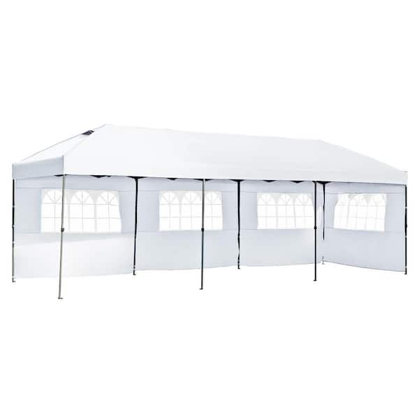 10 ft. x 30 ft. Outdoor White Mental Heavy Duty Gazebo Pop Up Canopy with Sidewalls and Wheeled Bag for Wedding Party