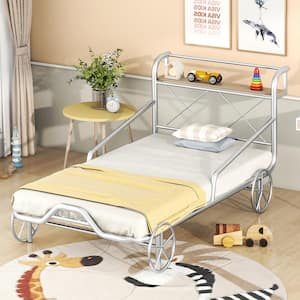 Silver Car-Shaped Twin Size Metal Platform Bed with Wheels, Guardrails and X-Shaped Frame Shelf