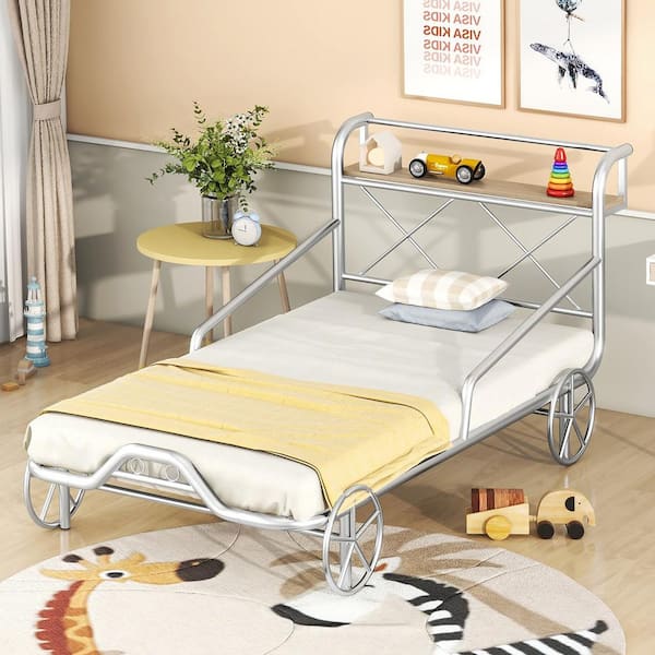 Harper & Bright Designs Silver Car-Shaped Twin Size Metal Platform Bed with Wheels, Guardrails and X-Shaped Frame Shelf