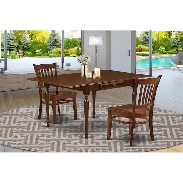 East West Furniture 3-Piece Mahogany Finish Solid Wood Top With Dropleaf Dining Table Set