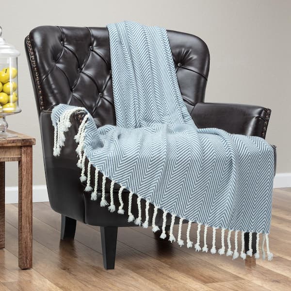 Chevron Light Blue Acrylic Knit Throw Blanket with Tassels, 50 x 65 in.