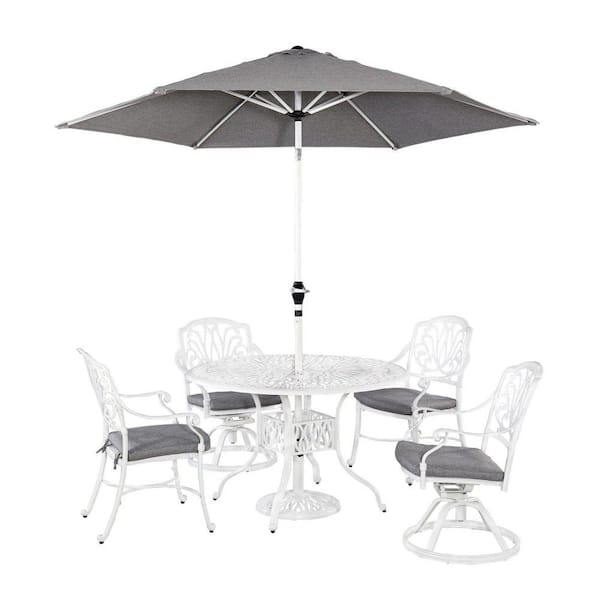 HOMESTYLES Capri White 48 in. 7-Piece Cast Aluminum Round Outdoor Dining Set with Umbrella with Gray Cushions