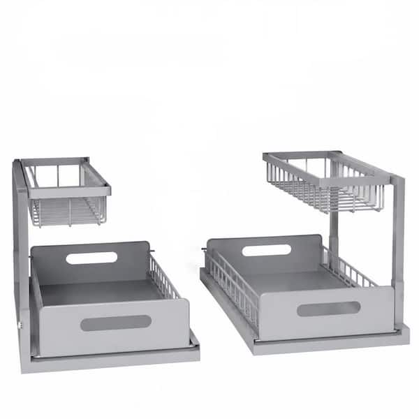 Grey 2-Pack Adhesive Pull Out Under Sink Organizer with L-Shaped Steel Storage Shelves and Slide-Out Drawer