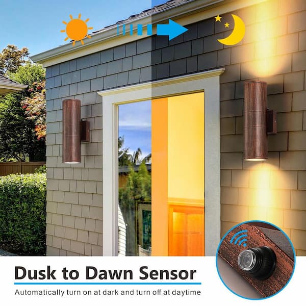 12 in. 2-Light Red Copper Cylinder Dusk to Dawn Outdoor Hardwired Wall Lantern Sconce with LED Lights (2-Pack)