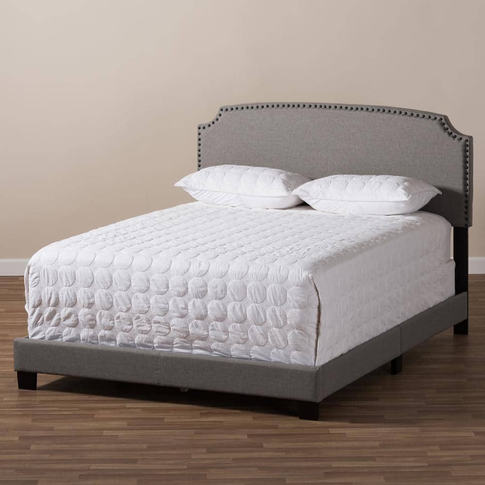 Odette Contemporary Light Beige Upholstered Queen Bed with Nailhead Trim