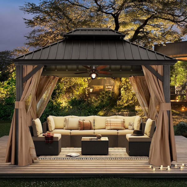 10 ft. x 12 ft. Khaki Patio Hardtop Gazebo Galvanized Steel Double Roof Aluminum Pavilion with Netting and Curtain