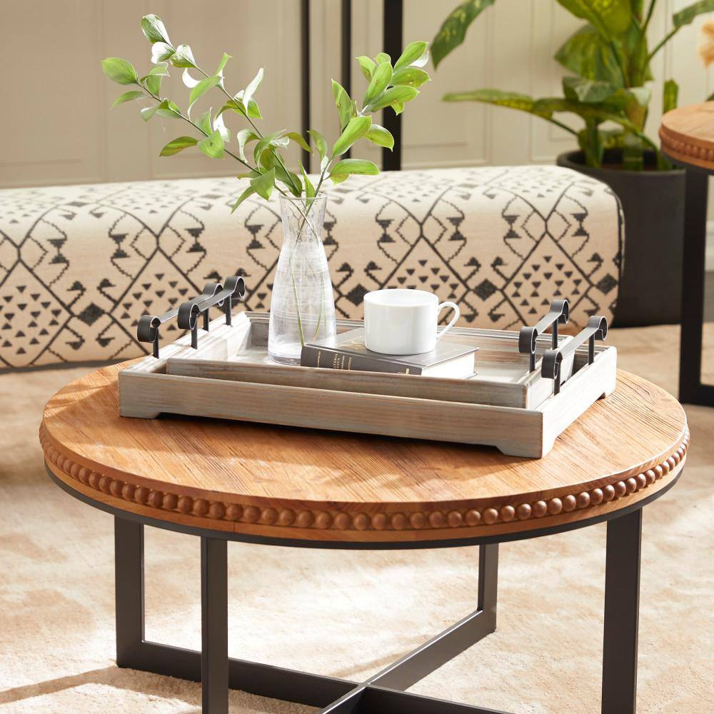 Beige Wood Tray Set with Metal Handles, 20" and 17"