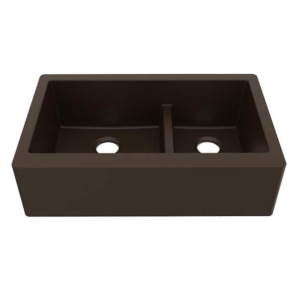 Farmhouse/Apron-Front Quartz/Granite Composite 34 in. Double Offset Bowl Kitchen Sink in Brown