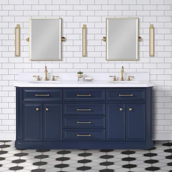 Water Creation Palace 72 in. W x 22 in. D Vanity in Monarch Blue with Quartz Vanity Top in White with White Basins and Hook Faucets