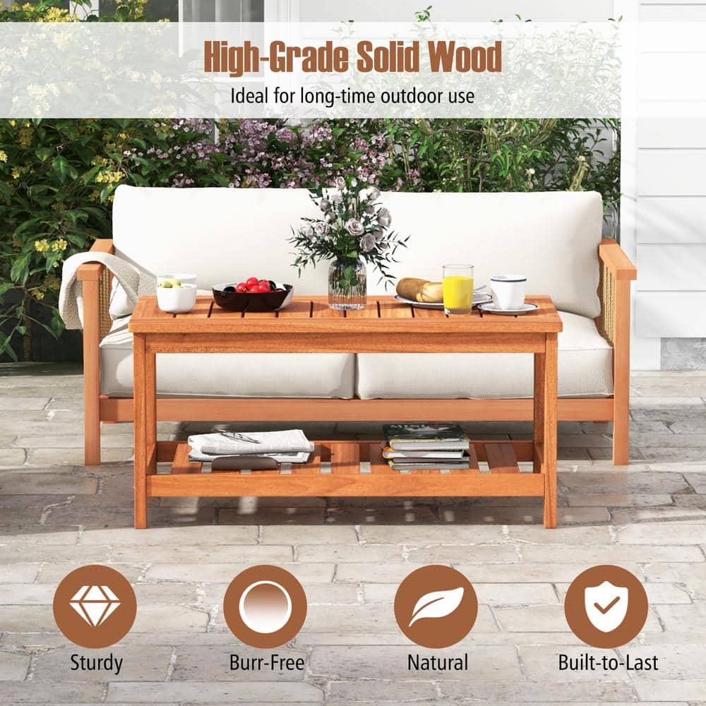 Natural Hardwood 2-Tier Outdoor Coffee Table with Slatted Shelf