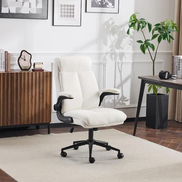 Cotton and Linen Fabric Swivel Task Chair in White with Adjustable Arms