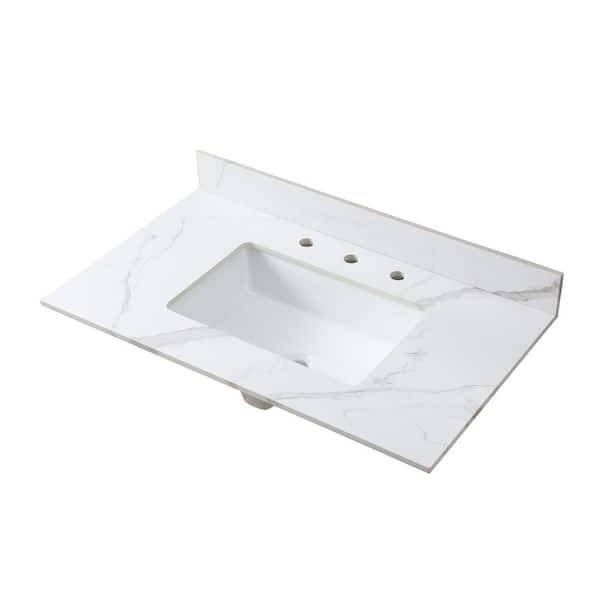 OLUMAT 37 in. W x 22 in. D Engineered Stone Composite White Rectangular Single Sink and Bathroom Vanity Top in White