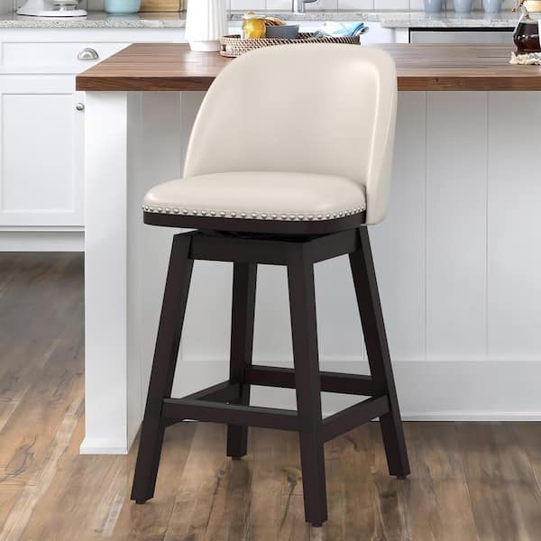 cozyman 26 in. White Wood Frame Swivel Cushioned Bar Stool with Faux ...