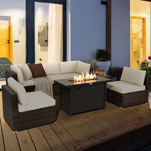 7-Pieces Patio Rattan Furniture Set Fire Pit Table Cover Cushion Off White