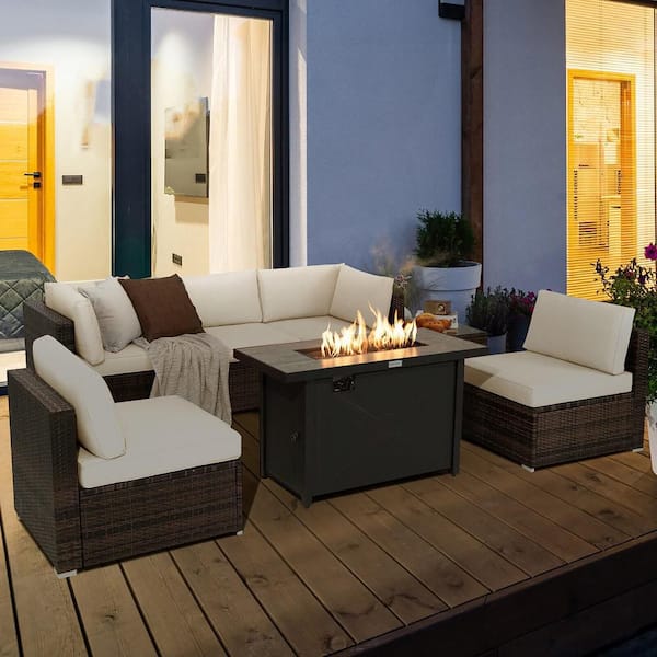 7-Pieces Patio Rattan Furniture Set Fire Pit Table Cover Cushion Off White