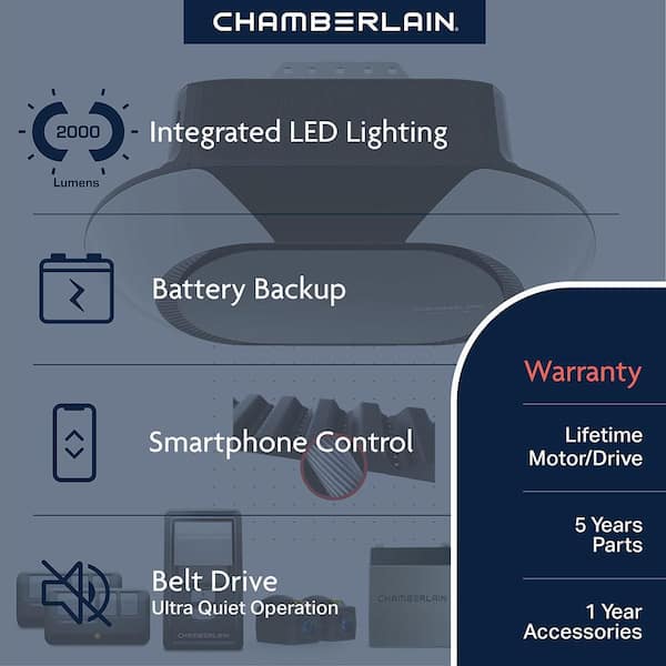 1 ¼ HP LED Smart Quiet Belt Garage Door Opener with Battery Backup