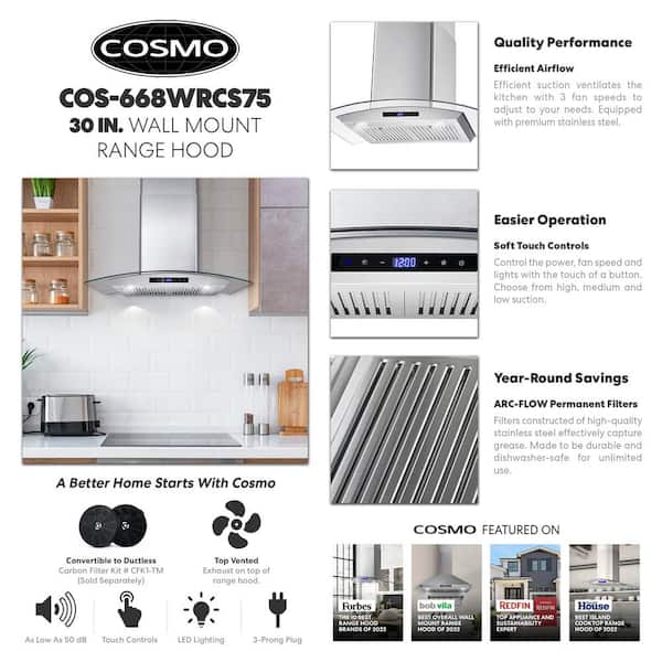 COSMO 63175 30 in. Wall Mount Range Hood with Efficient Airflow, Ducted,  3-Speed Fan, Permanent Filters, LED Lights, Chimney Style Over Stove Vent  in