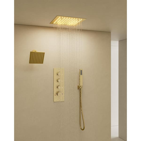 Thermostatic Valve LED Mood Lighting 7-Spray Ceiling Mount 12 and 6 in. Dual and Handheld Shower Head in Brushed Gold