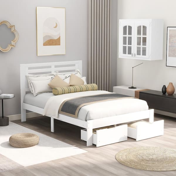 Polibi White Wood Frame Full Size Platform Bed with Drawers