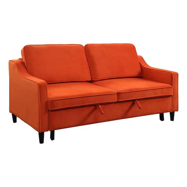 Lazzara Metteo 71.5 in. Slope Arm Velvet Upholstered Convertible Studio Rectangle Sofa with Pull-out Bed in. orange color