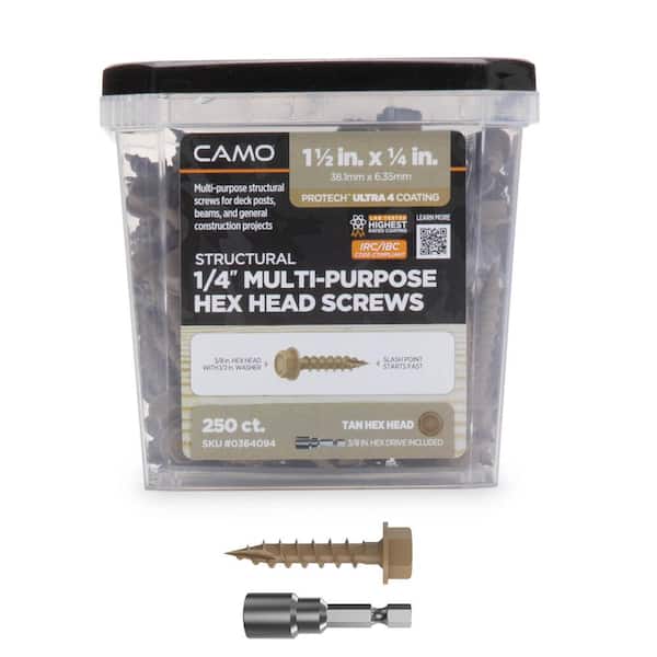 CAMO 1/4 in. x 1-1/2 in. Hex Head Multi-Purpose Hex Drive Structural Wood Screw - PROTECH Ultra 4 Exterior Coated (250-Pack)