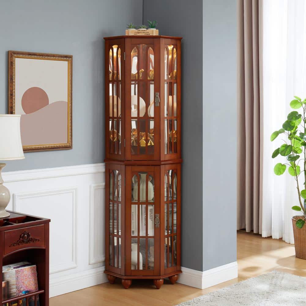 Walnut 70 in. H Lighted Wooden Corner Display Curio Cabinet with 4 Adjustab
